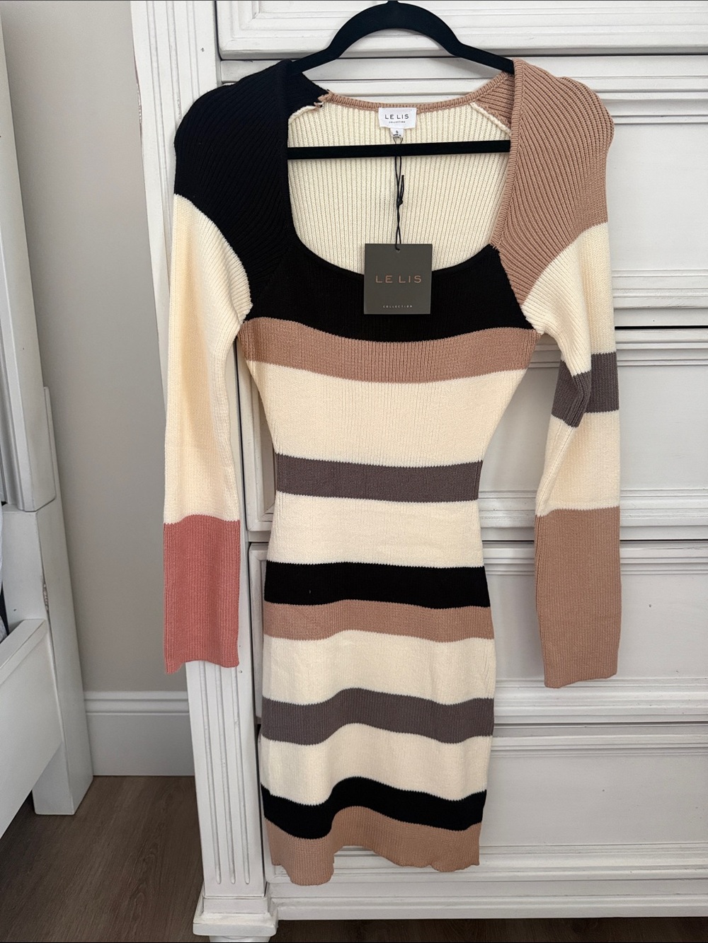 Le Lis Striped Scoop-Neck Ribbed Long Sleeve Dress in Cream, Black & Taupe